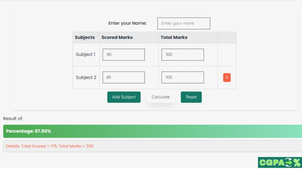 Marks Percentage Calculator 3 Multi subject percentage calculator showing 87.50% result for two subjects with total scored and total marks details.
