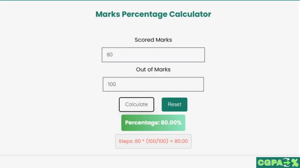 Marks Percentage Calculator 2 Online Marks Percentage Calculator showing 80 out of 100 with step-by-step calculation and result display